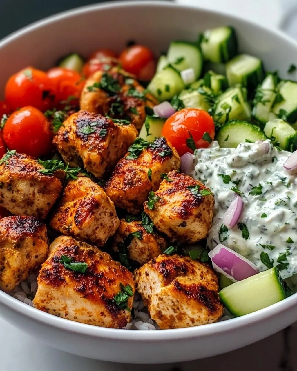 Air Fryer Griechische Chicken Bowl Bites mit Tzatziki-Sauce