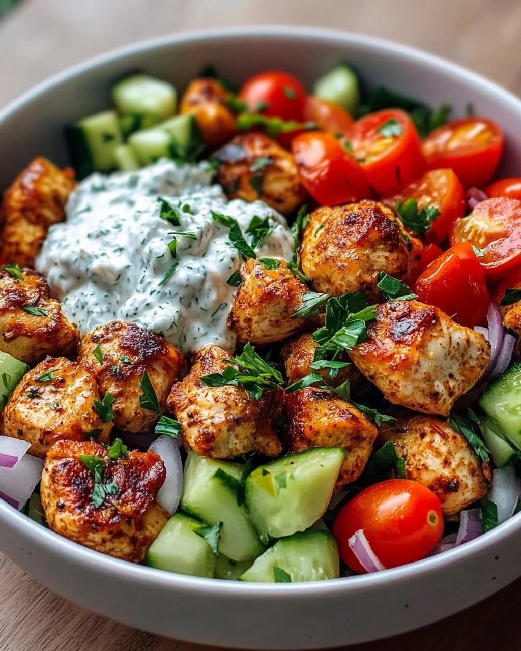 Air Fryer Griechische Chicken Bowl Bites mit Tzatziki-Sauce