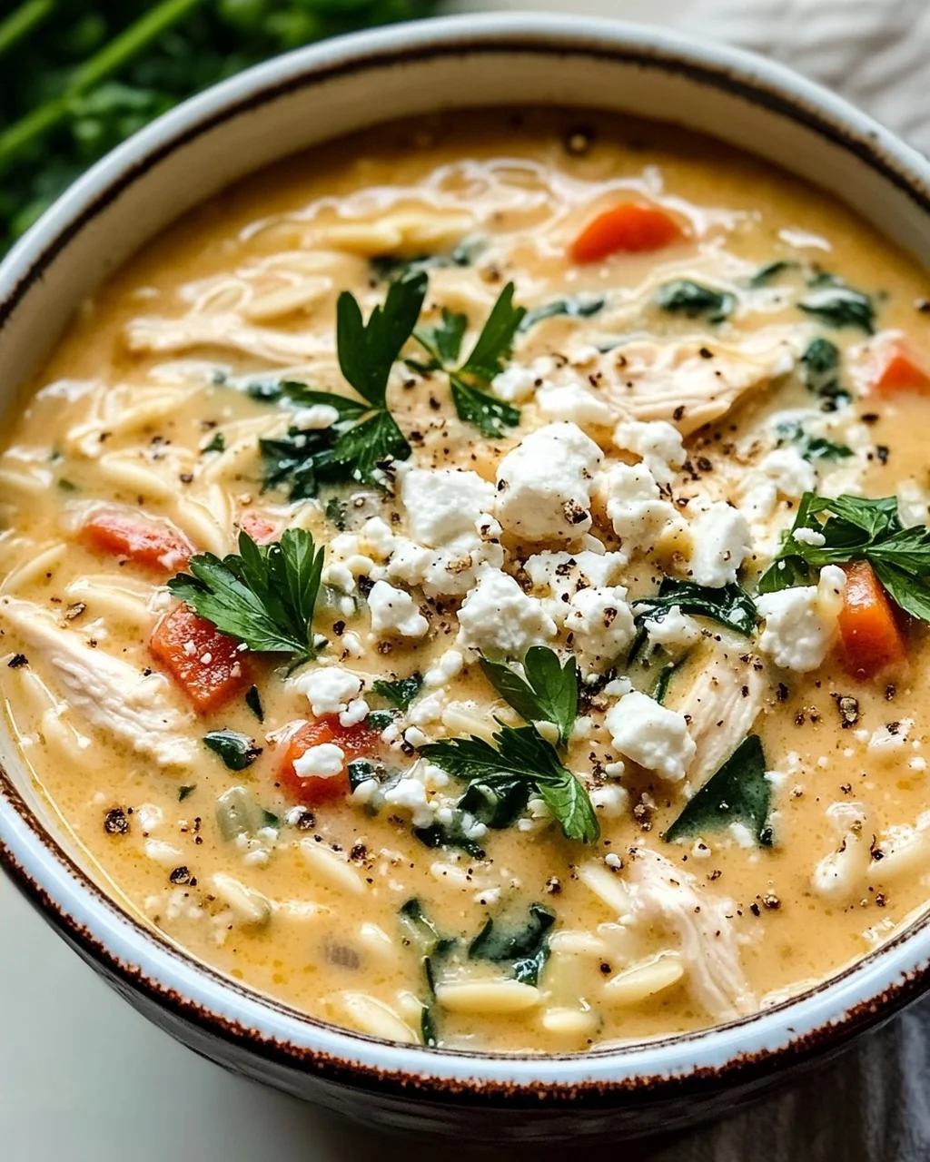 Creamy Chicken Feta Soup with Orzo in Slow Cooker
