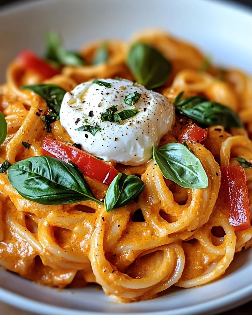 Cremige Paprika-Pasta mit Burrata und Kräutern genießen