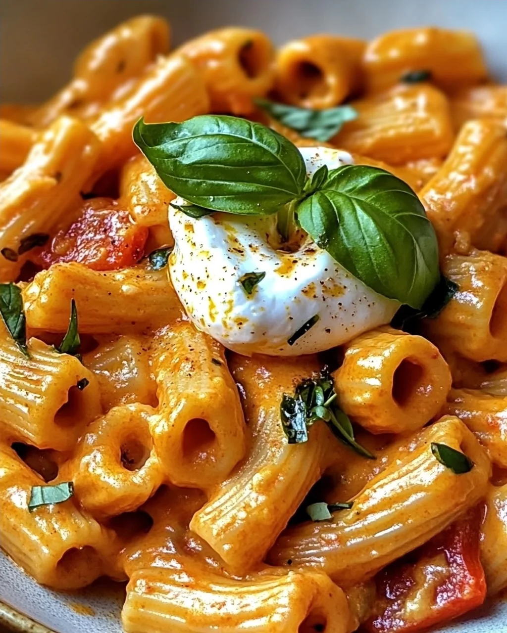 Cremige Paprika-Pasta mit Burrata und Kräutern genießen