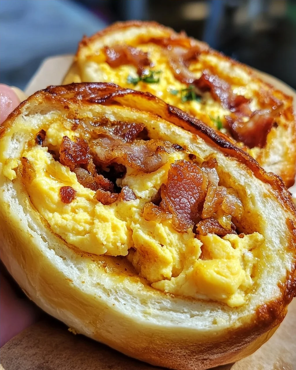 Frühstücksrollen mit Rührei, Käse und Speck