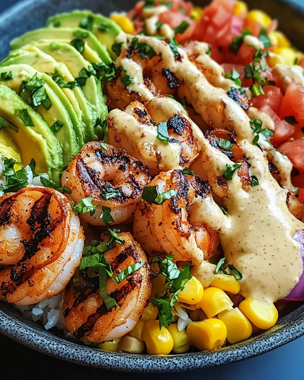 Gegrillte Garnelen Bowl mit Avocado Mais-Salsa & Cremiger Sauce