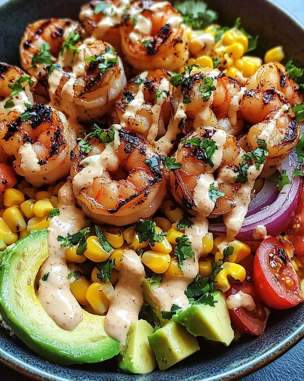 Gegrillte Garnelen Bowl mit Avocado Mais-Salsa & Cremiger Sauce