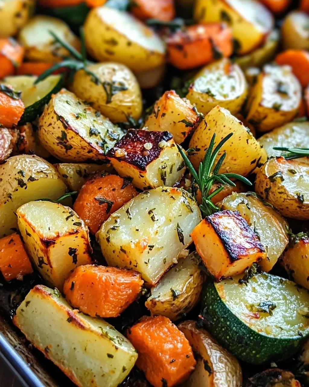 Knoblauch-Kräuter Ofengemüse: Kartoffeln, Karotten & Zucchini