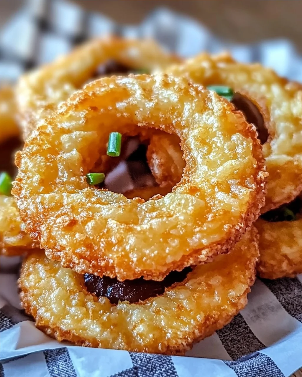 Knusprige käseüberzogene Zwiebelring-Chips genießen