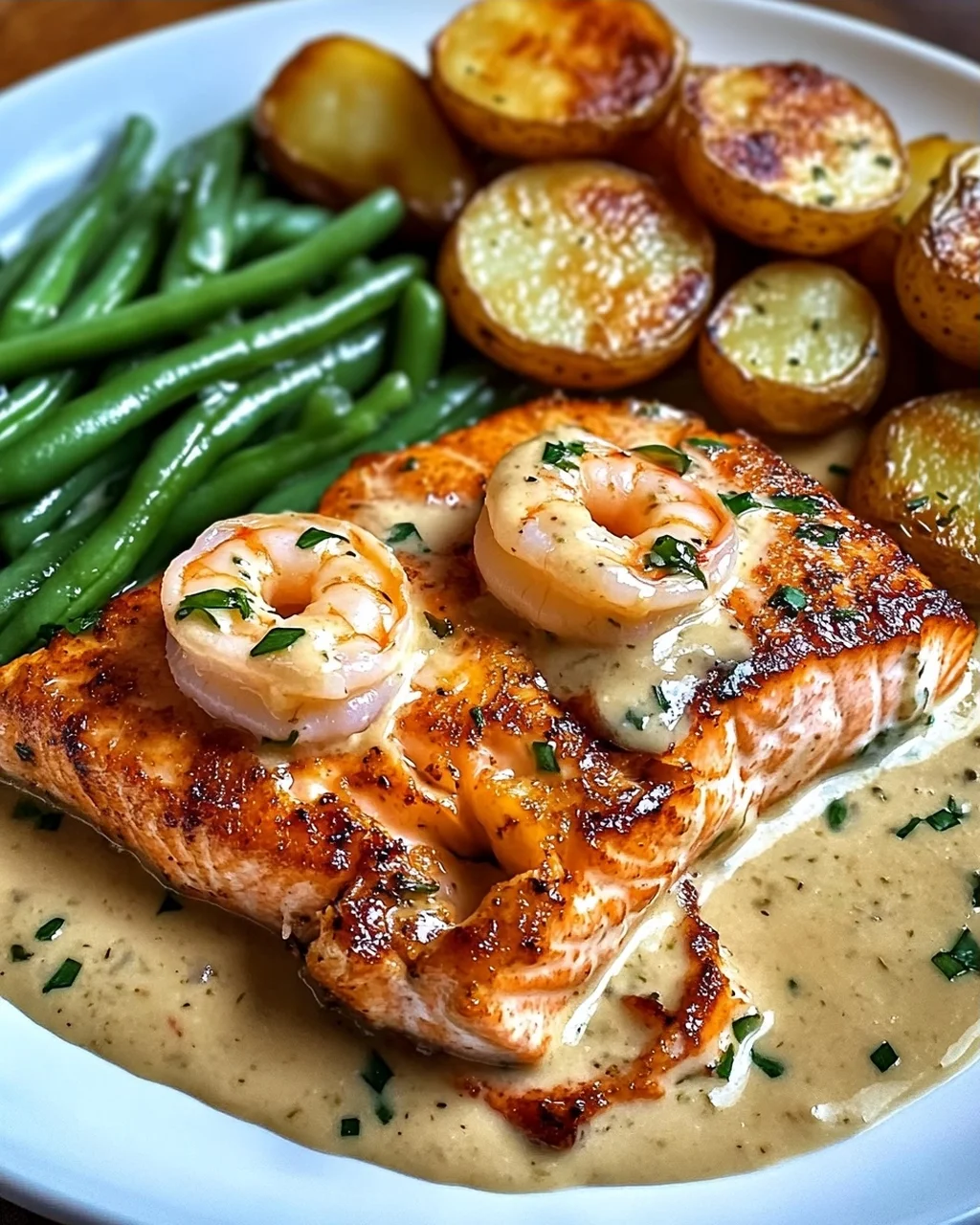 Kreolische Garnelen und Lachs mit Knoblauch-Sahnesauce