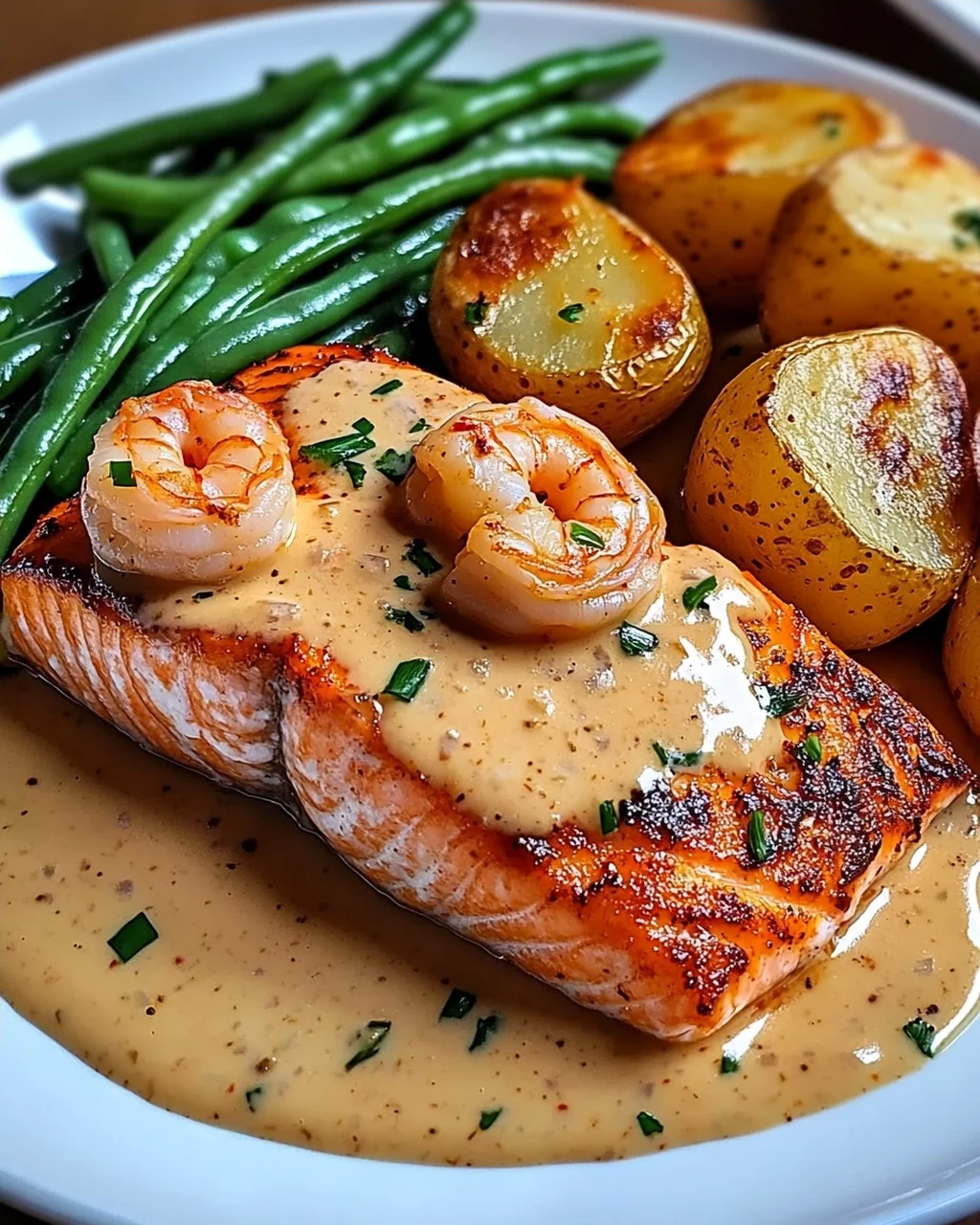 Kreolische Garnelen und Lachs mit Knoblauch-Sahnesauce