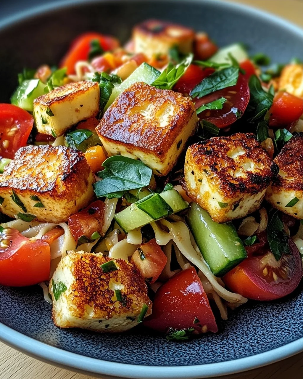 Kritharaki-Salat mit Halloumi-Croutons