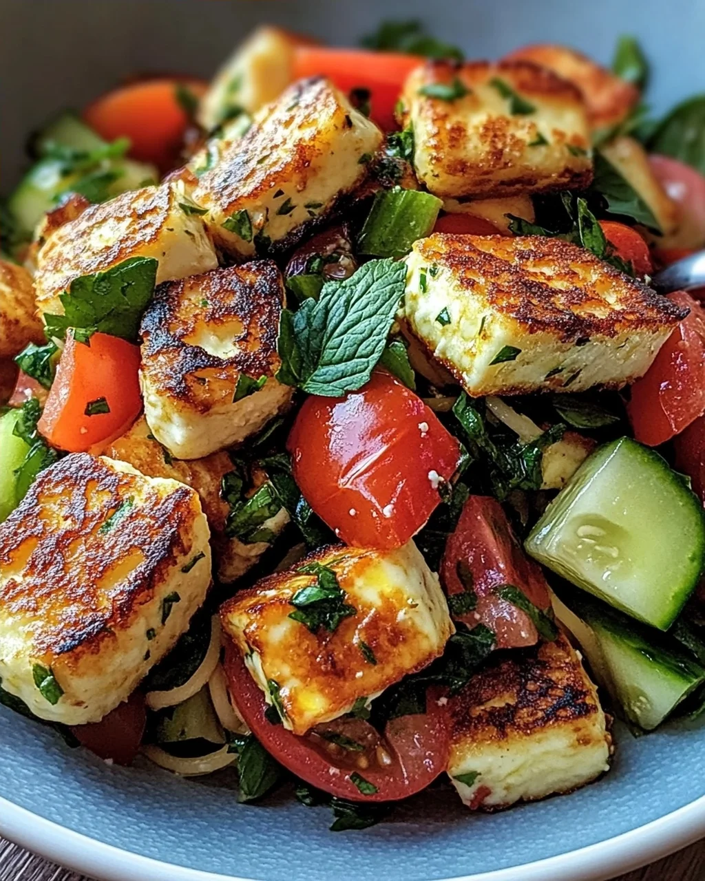 Kritharaki-Salat mit Halloumi-Croutons