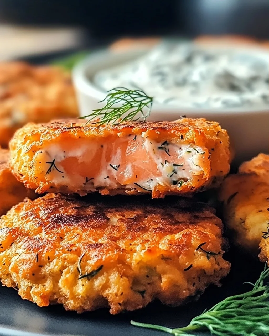 Lachsbratlinge mit scharfer Dill-Knoblauch-Dip