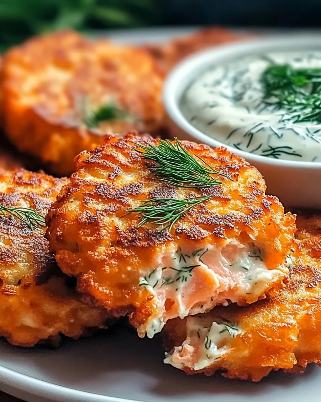 Lachsbratlinge mit scharfer Dill-Knoblauch-Dip