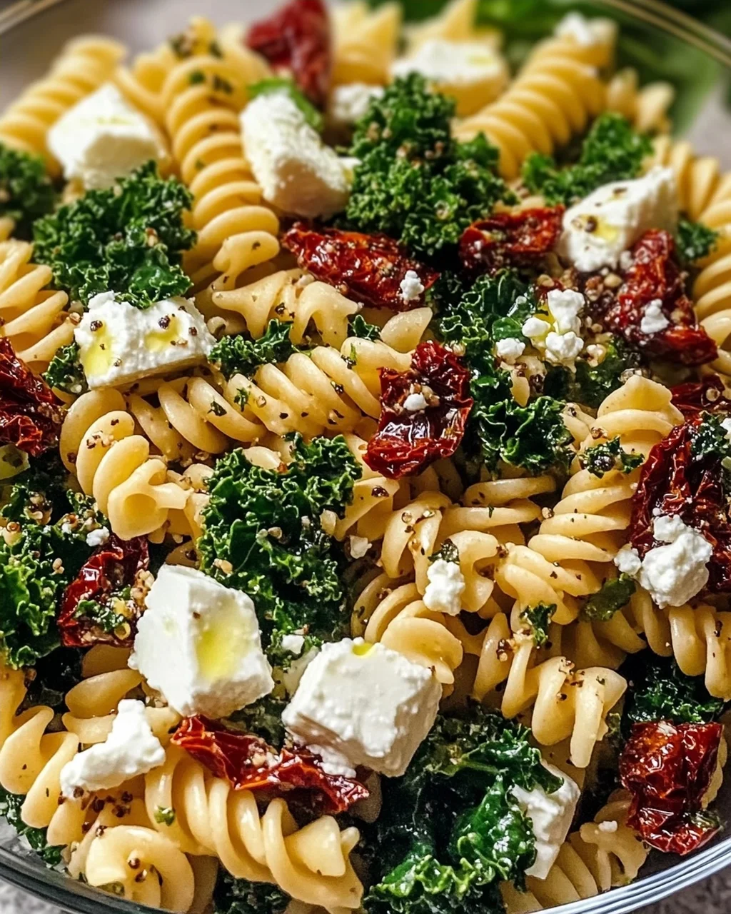 Mediterraner Nudelsalat mit Grünkohl und Feta