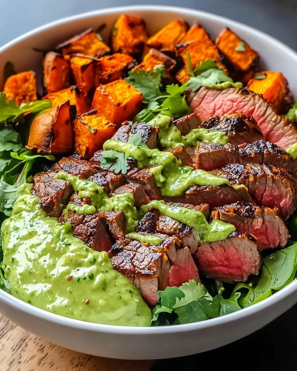 Steak und Süßkartoffel-Bowls mit Avocado-Koriander-Drizzle