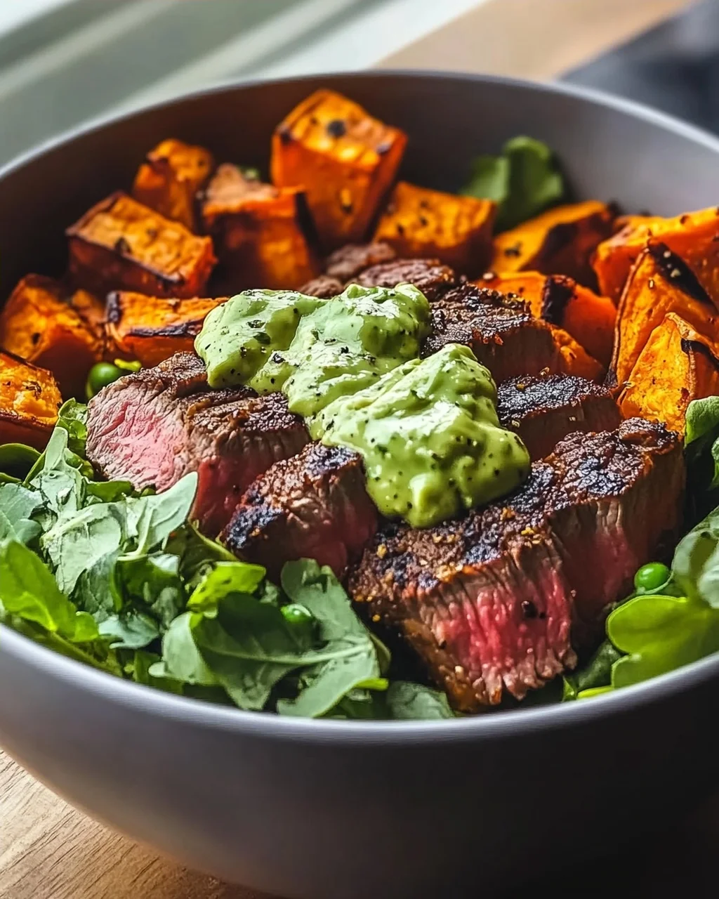 Steak und Süßkartoffel-Bowls mit Avocado-Koriander-Drizzle