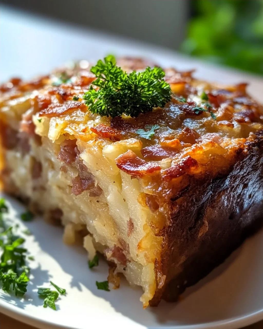 Traditioneller deutscher Potthucke mit Rinderschinkenstücken