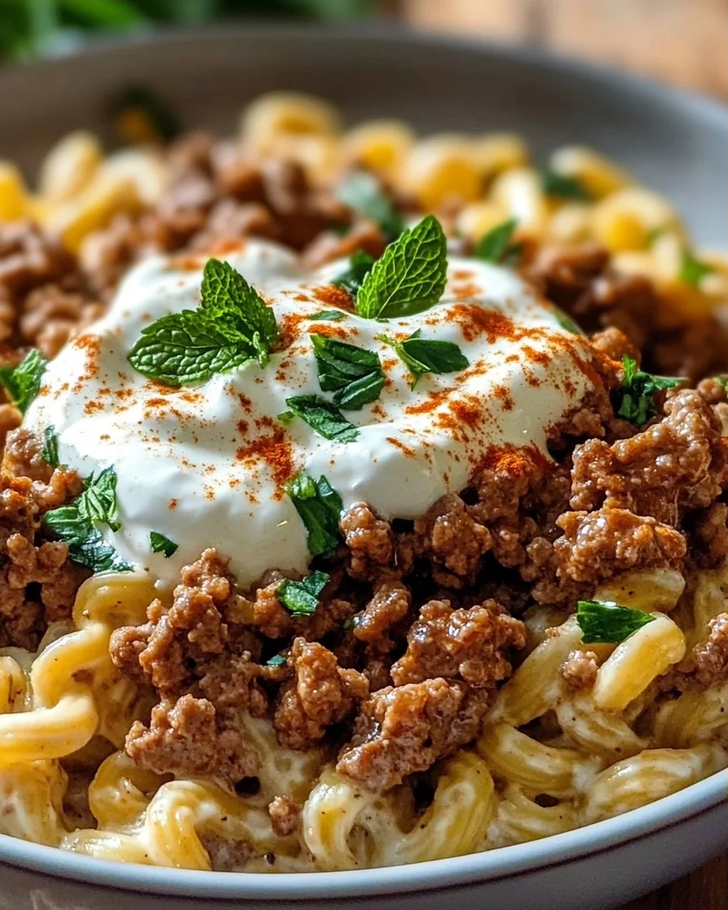 Türkische Pasta mit Hackfleisch und Joghurt-Sauce