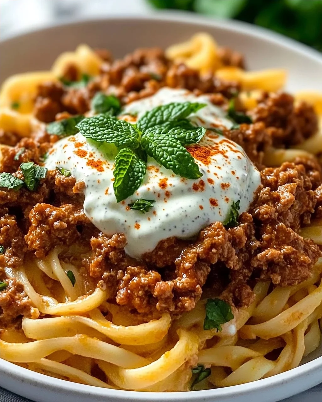 Türkische Pasta mit Hackfleisch und Joghurt-Sauce