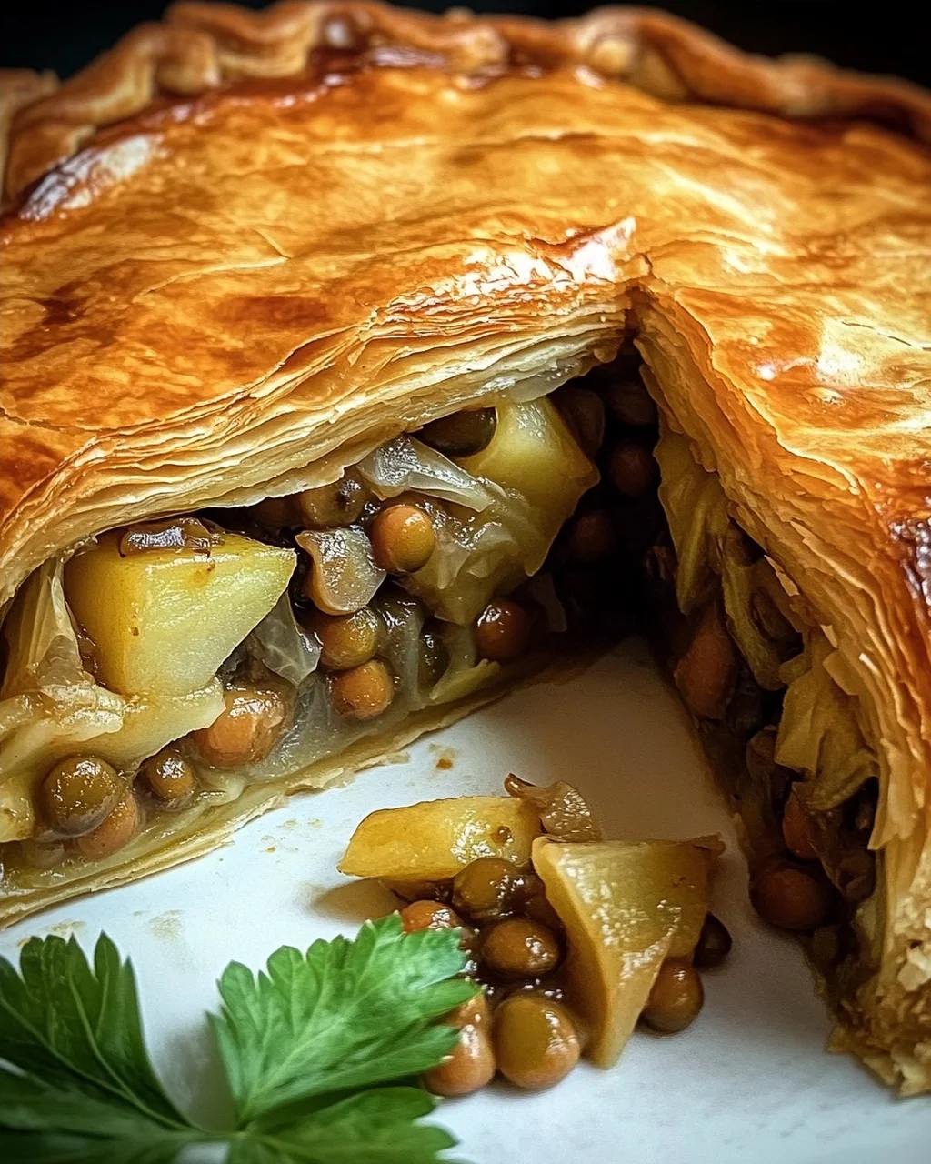 Wirsing-Pie mit Pilz-Linsen-Kartoffelfüllung