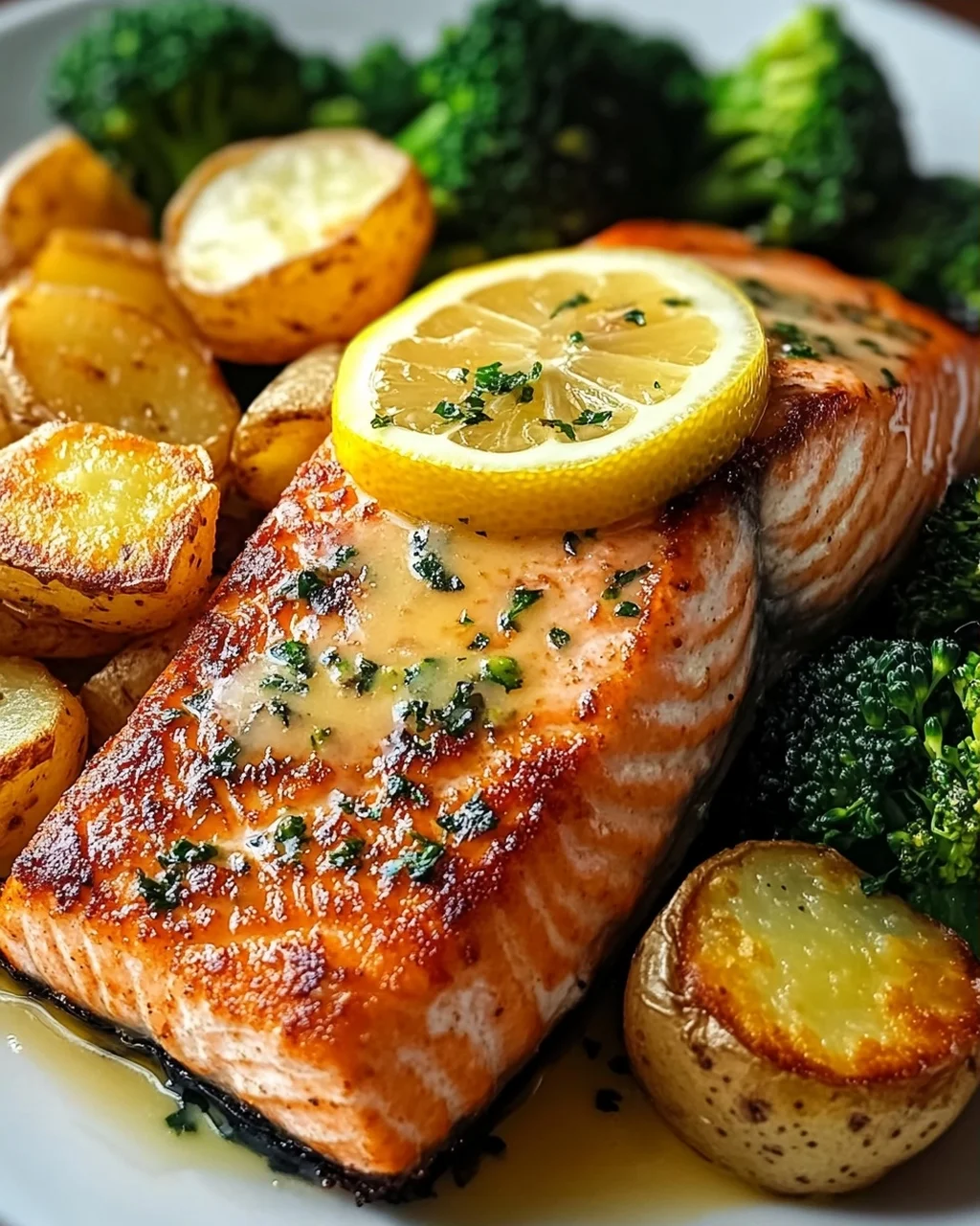 Zitronenbutterlachs mit knusprigen Kartoffeln und Brokkoli
