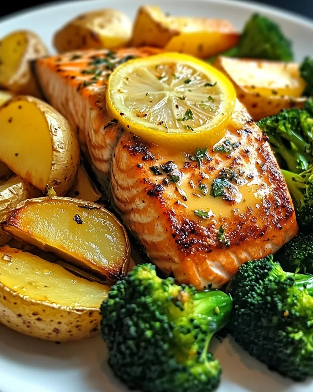 Zitronenbutterlachs mit knusprigen Kartoffeln und Brokkoli