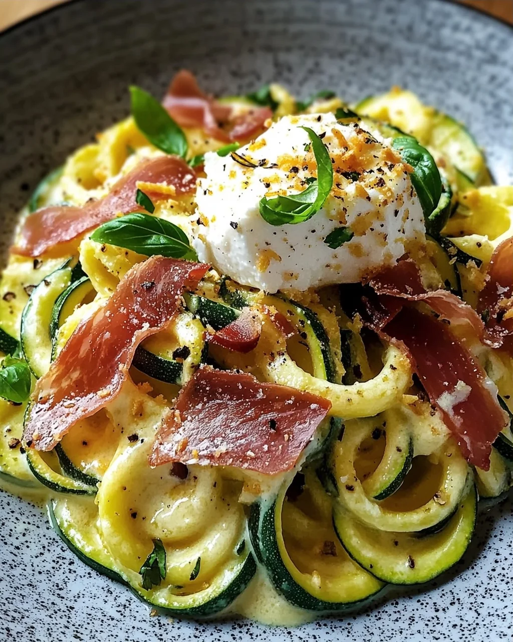 Zucchini Carbonara mit knusprigem Prosciutto und Burrata