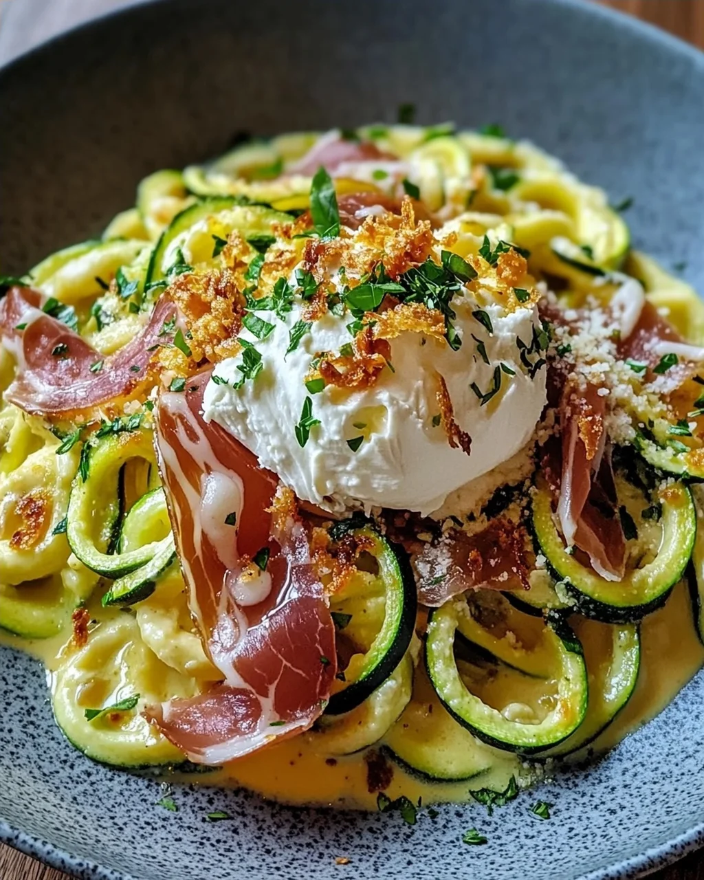 Zucchini Carbonara mit knusprigem Prosciutto und Burrata